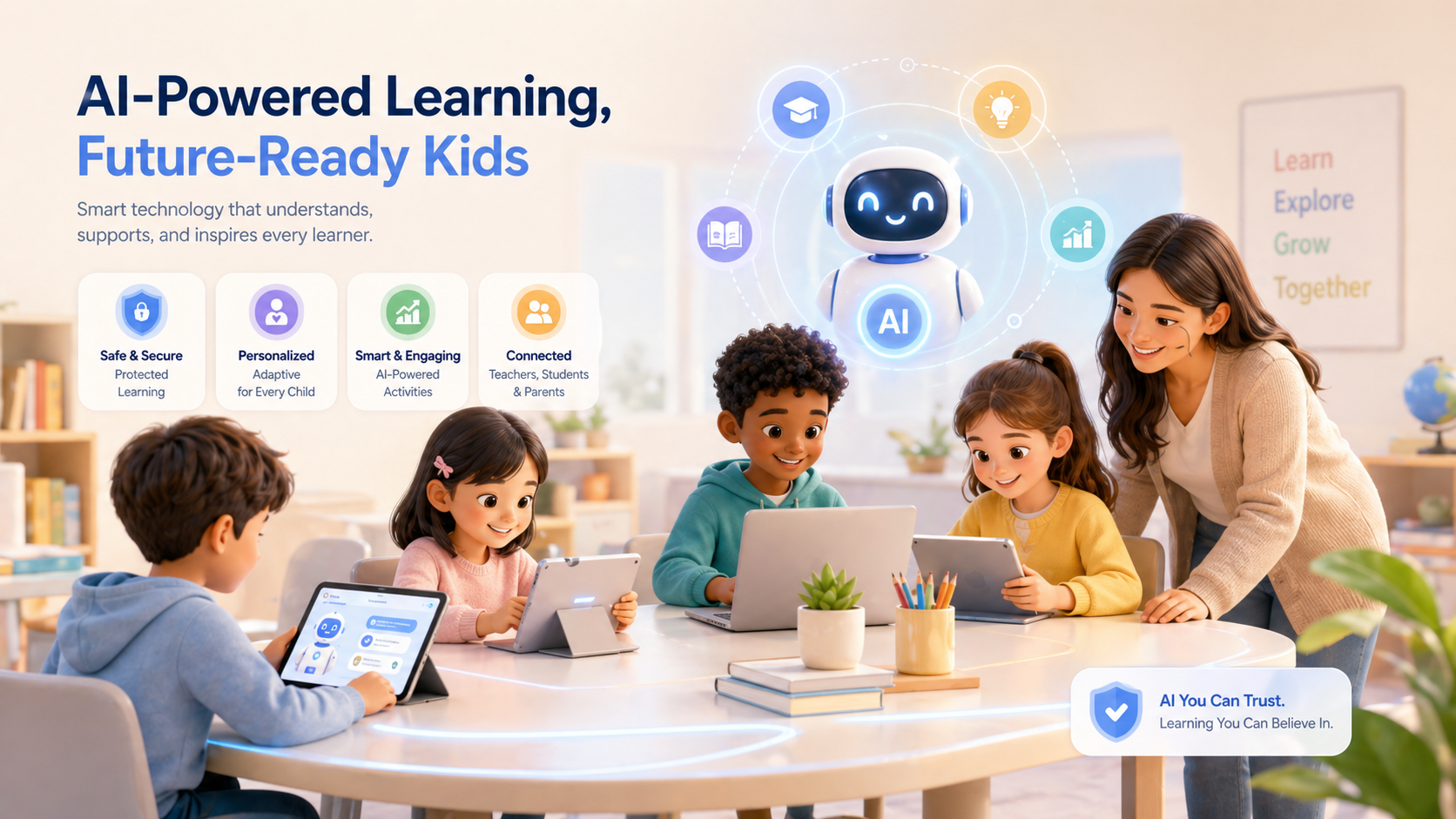 AI powered safe educational learning platform for kids with responsible technology use