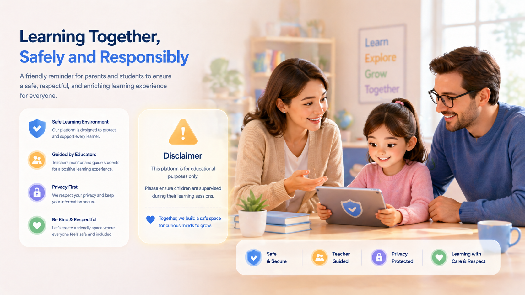 Educational disclaimer for kids learning platform parental guidance and safe online learning notice