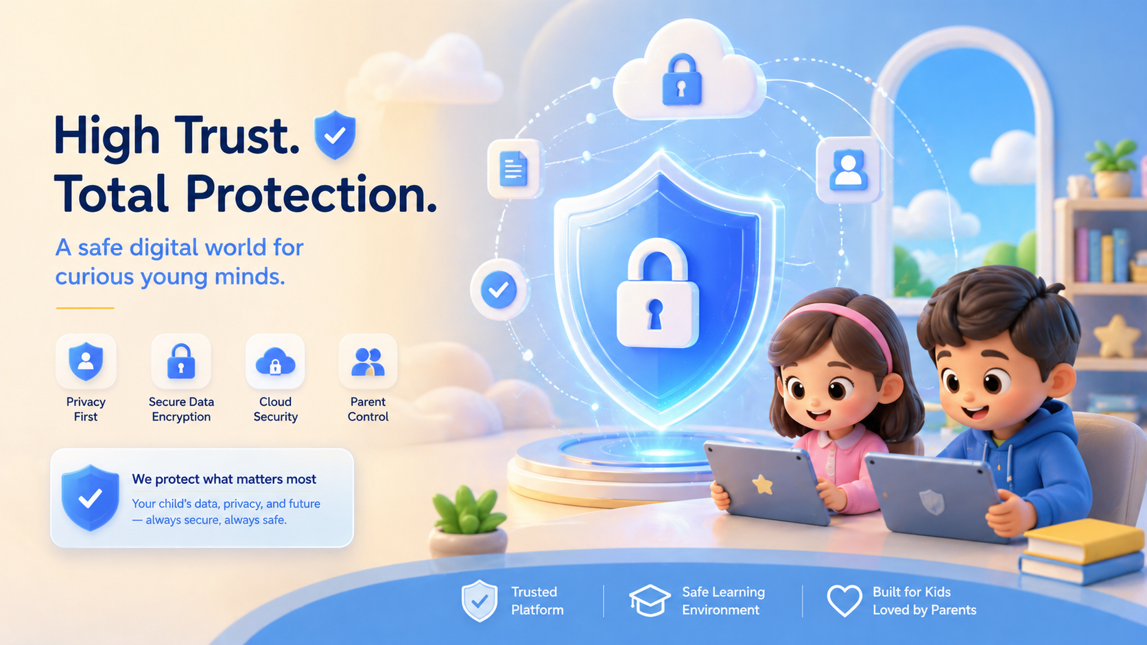 Privacy and data security protection for kids learning platform safe online education for children and parents